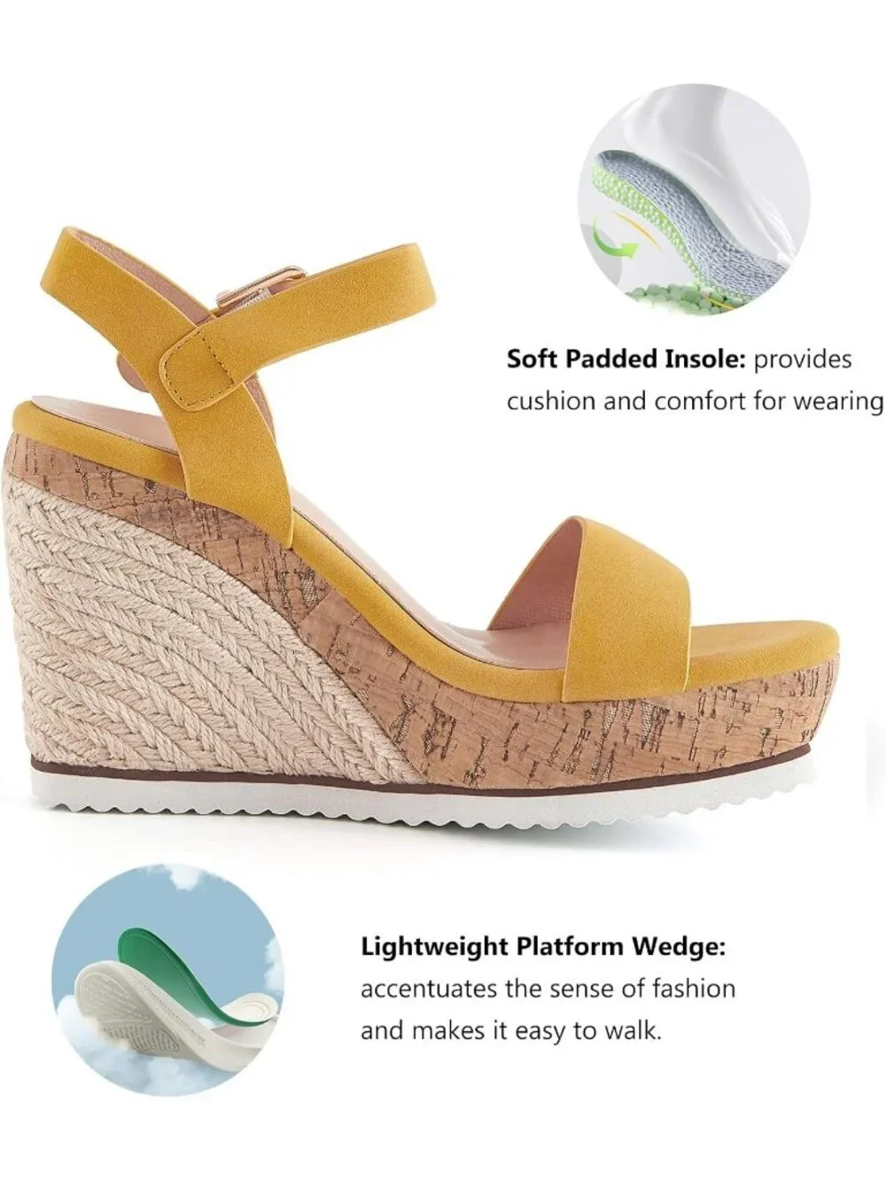 Womens Yellow Espadrille Wedge Platform Sandal Open Toe Ankle Buckle Strap Shoes